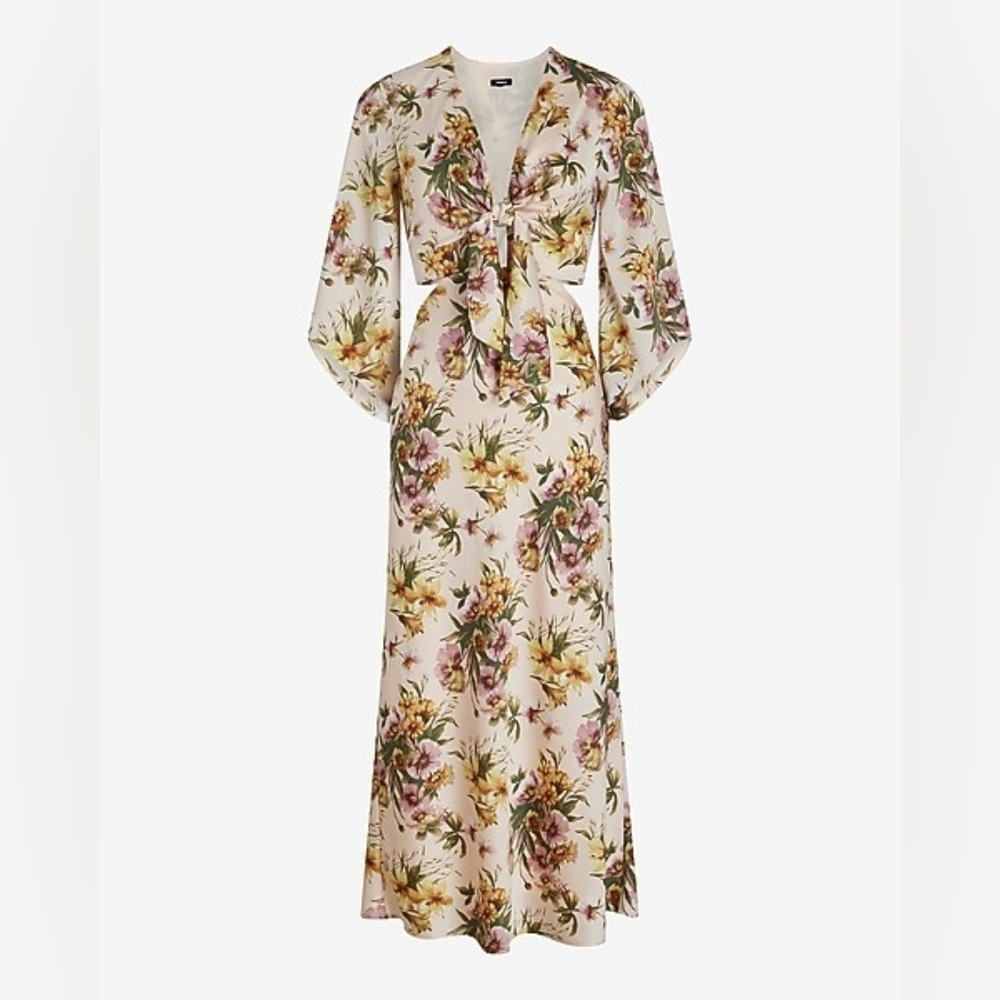 NWT Satin Floral V-Neck Tie Front Cutout Midi Dress